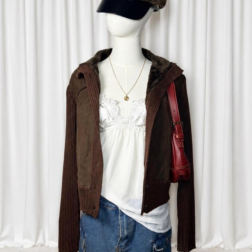 Vintage Y2K Clio Brown Faux Suede Knit Fur Trim Jacket